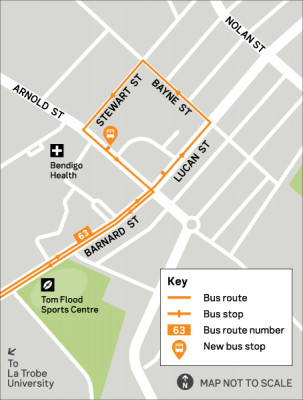 Map of Route 63 route path and stops around Bendigo hospital
