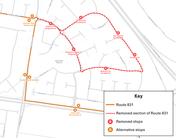 Image of map showing the bus stops for Route 831