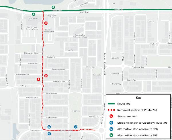 Map showing the Route 798Cbus stop route