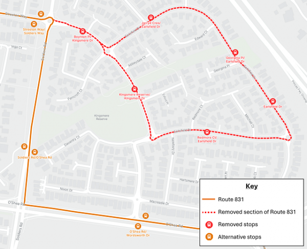 Image of a map showing where the bus stops will be removed along routes 831 and 928