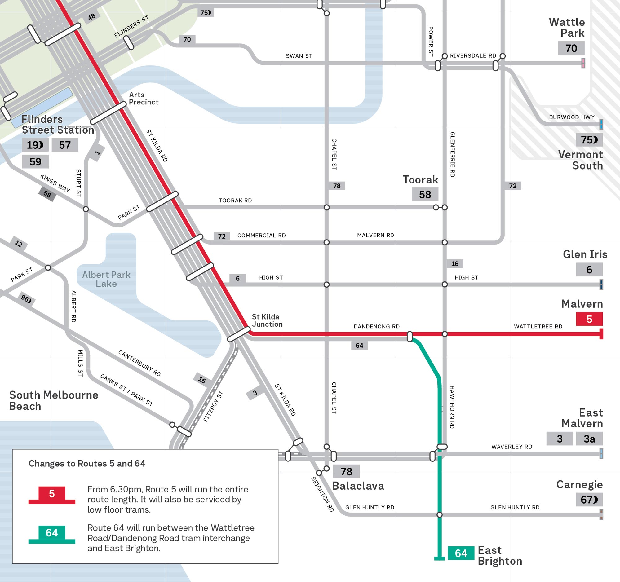 Map of tram network highlighting changes to Routes 5 and 64.