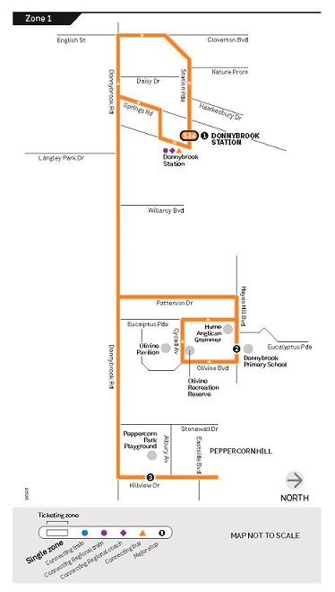 The bus starts from Donnybrook Station, and travels via Springs Rd, left onto Donnybrook Rd, left Patterson Dr, right Hayes Hill Bvd, right Olivine Bvd, right Cycad Av, right Eucalyptus Parade, left Hayes Hill Bvd, left Patterson Dr, left Donnybrook Rd, left Hillview Dr, U-turn near Eastside Bvd, Hillview Dr, right Donnybrook Rd, right Cloverton Bvd, right Station Pde to the terminus at Donnybrook Station.