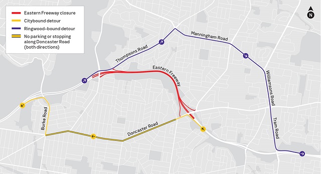 Image of a map showing the detour route during the closure of a section of the Eastern Freeway