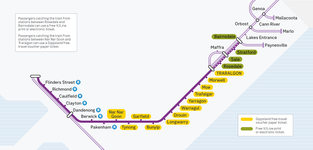 Image of map showing eligible free travel stations along the Gippsland Line